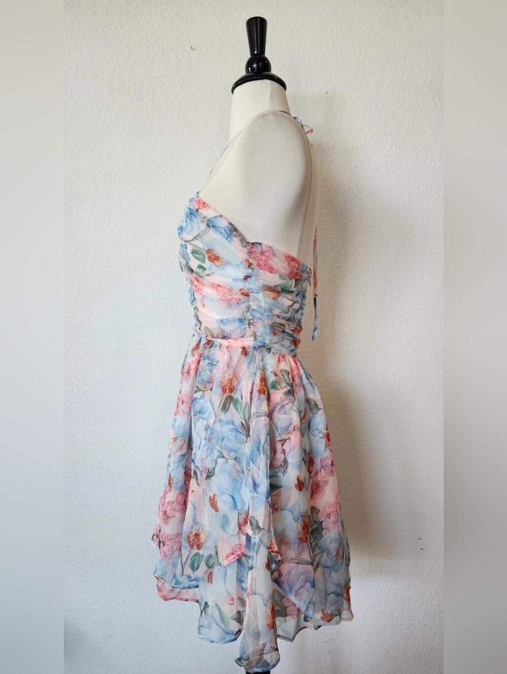 Floral Halter Summer Dress in Pastel Blue & Pink - Picture 3 of 4